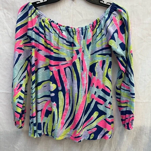 Lilly Pulitzer Blue and Pink Off-the-Shoulder Blouse - Picture 2 of 7